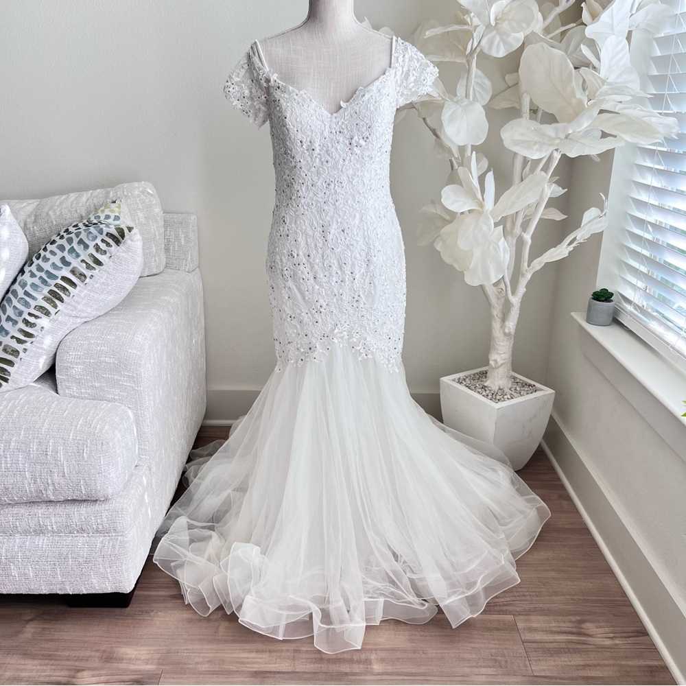 SHERRI HILL White Lace Rhinestone Mermaid Wedding Gown